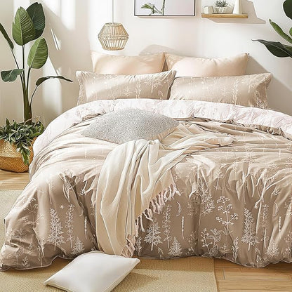 Love's cabin Light Taupe Full Comforter Set - Full Size Comforter Set, 3 Pieces Cute Floral Bedding Sets for All Seasons,1 Soft Reversible Botanical Flowers Comforter and 2 Pillow Shams