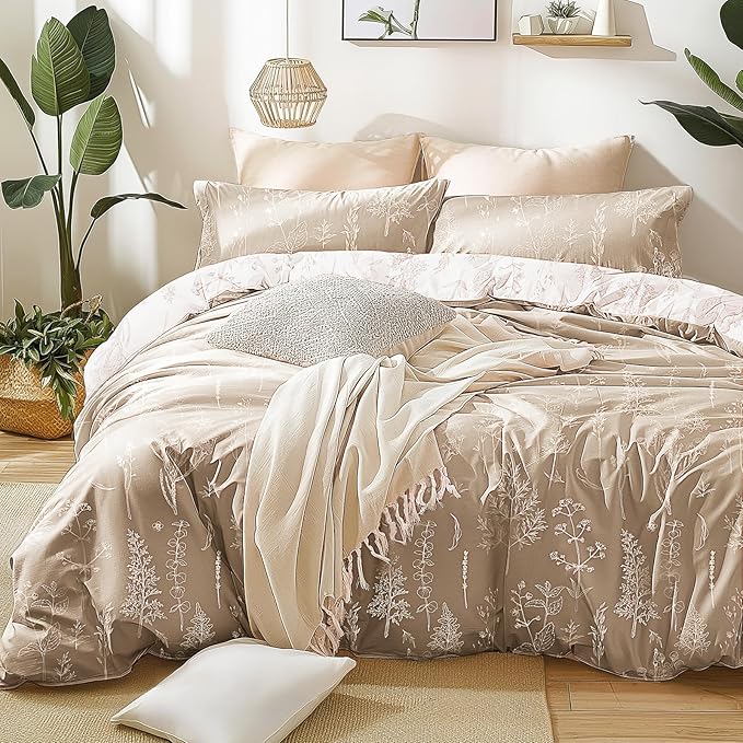 Love's cabin Light Taupe Comforter Set Queen - Queen Size Comforter Set, 3 Pieces Cute Floral Bedding Sets for All Seasons,1 Soft Reversible Botanical Flowers Comforter and 2 Pillow Shams