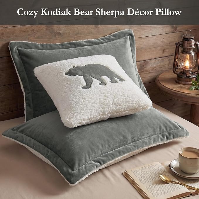 Woolrich Reversible Comforter Set Ultra Soft Plush to Sherpa, Down Alternative, Cold Weather Winter Warm Bedding, with Matching Sham, Decorative Pillow Charcoal/Ivory Full/Queen 4 Piece