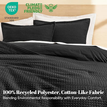 PHF Soft Waffle Comforter Set Queen Size- Comfy Breathable Waffle Weave Comforter with 2 Pillow Shams, 3 Pieces Less Snagging Lightweight Textured Bedding Set for All Season, Black