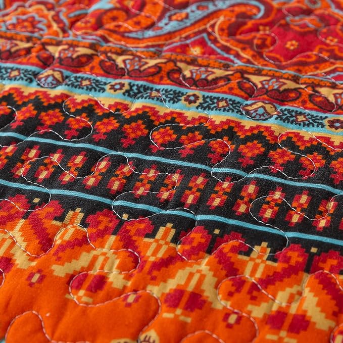 BEDIFANY Cotton California King Quilt Set - Lightweight Boho Bedspread Oversized King Size - Colorful Orange Stripe King Size Quilt Bedding Sets (108 * 118 Inch) for Bed Decorations Coverlet, 3 Pieces