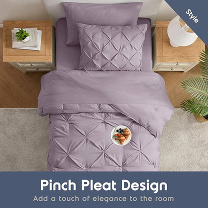 Nestl Twin Comforter Set 5 Piece - Pintuck Twin Bedding Set Grayish Purple, College Dorm Essentials for Girls and Boys Bed in a Bag Twin All Season, Twin Comforter Set with Sheets, Pillowcase and Sham
