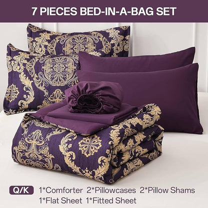 WONGS BEDDING Purple Comforter Set Queen Size,Damask Texture 7 Pieces Bed in a Bag Microfiber Comforter Bedding Sets -1 Comforter, 1 Flat Sheet, 1 Fitted Sheet, 2 Pillow Shams, 2 Pillowcases