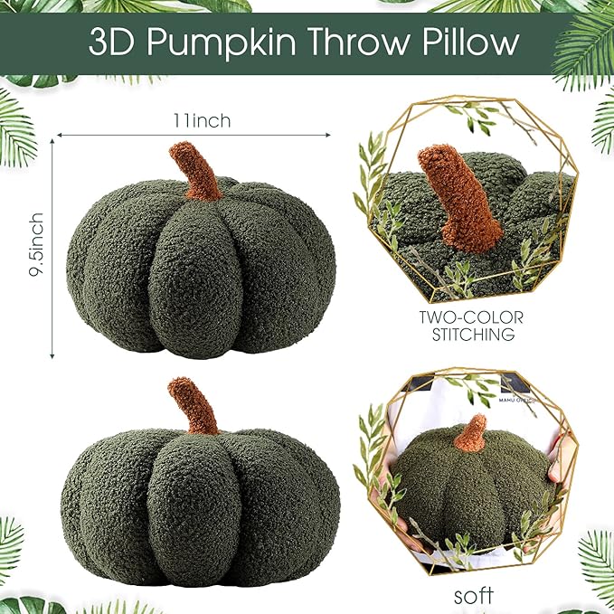 Queekay 2 Pcs Pumpkin Pillow Plush 11 x 9.5 Inch Thanksgiving Stuffed Pumpkin Decor for Fall Home Bedroom Throw Pillow Cushion Gifts for Holiday Operation Christmas Halloween Car Sofa(Army Green)