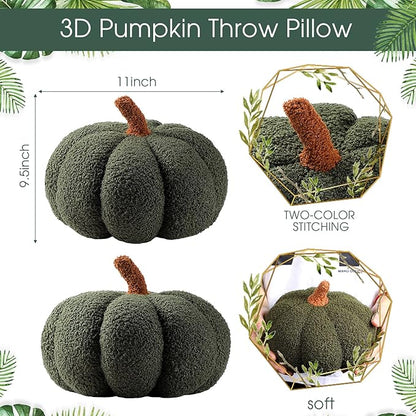 Queekay 2 Pcs Pumpkin Pillow Plush 11 x 9.5 Inch Thanksgiving Stuffed Pumpkin Decor for Fall Home Bedroom Throw Pillow Cushion Gifts for Holiday Operation Christmas Halloween Car Sofa(Army Green)