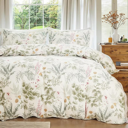100% Cotton Comforter King Size Green Floral Bedding Set Reversible Botanical Comforter Set 3 Pcs Cottagecore Aesthetic Soft Bedding Sets for All Season