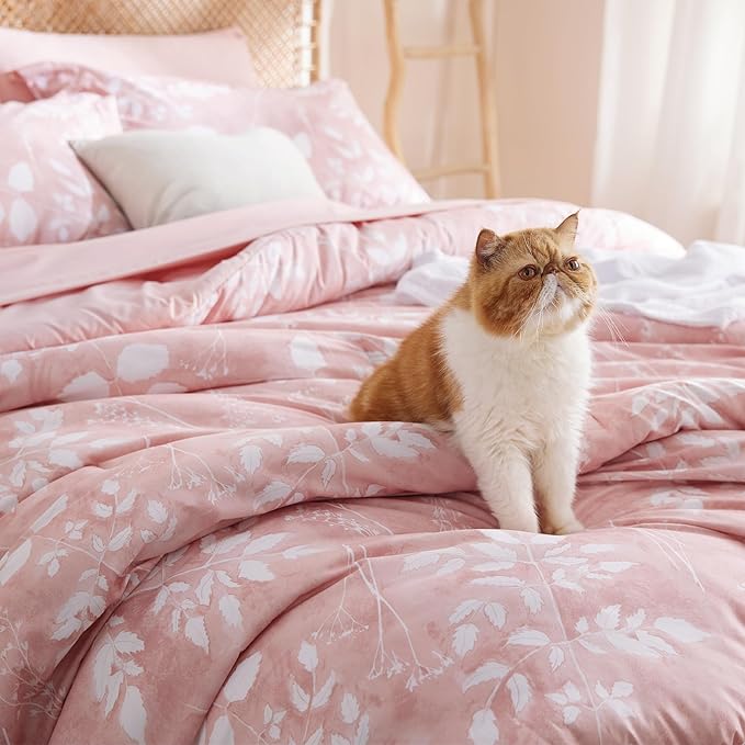 Bedsure King Size Comforter Set - 7 Pieces Floral Pink Soft Bedding Sets, King Bed in a Bag with Botanical Flowers Comforter, Sheets, Pillowcases & Shams