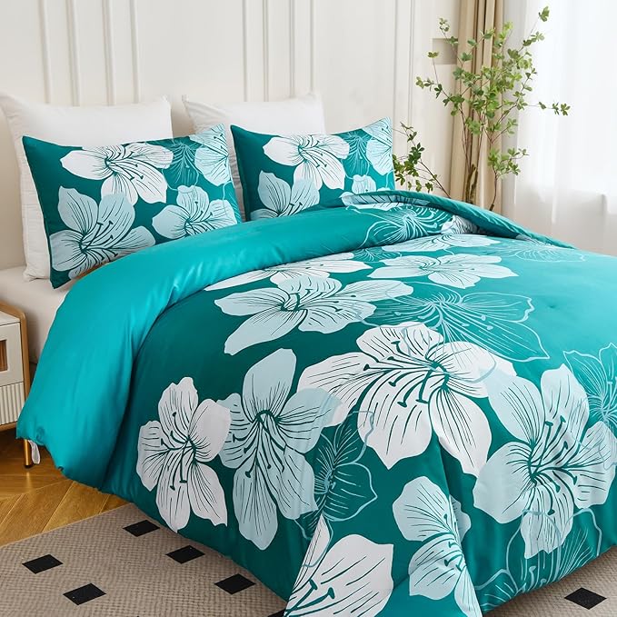 Menghomeus Full Comforter Set Gradient Teal Bedding Floral Comforter Sets - Soft Microfiber Bed Comforter Set for All Season, 3 Piece Botanical Flowers Comforter, Pillowcases