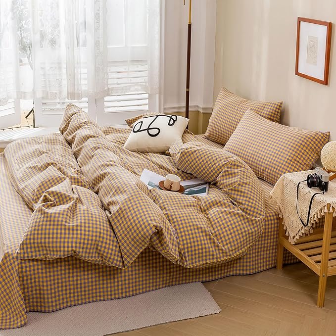 HighBuy Yellow Purple Gingham Comforter Set Full Size,Fluffy Comfortable Plaid Bedding Comforter Modern Checkered Grid Printed Comforter Set 3 Pieces,Gingham Comforter with 2 Pillowcases