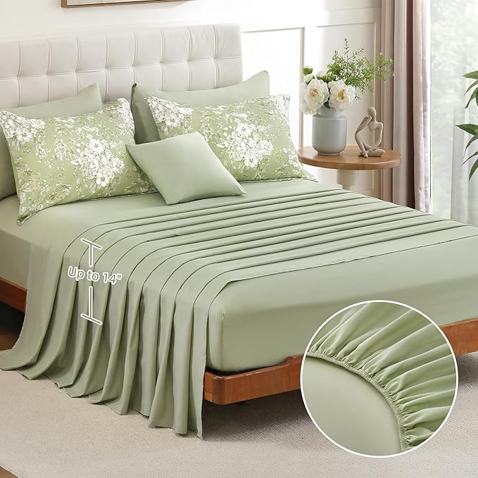 WONGS BEDDING Queen Size Comforter Set, 8 Pieces Sage Green Floral Bed in a Bag Comferter Sets, Botanical Print Soft Fluffy Microfiber Complete Bedding Sets for All Season (90"x90")