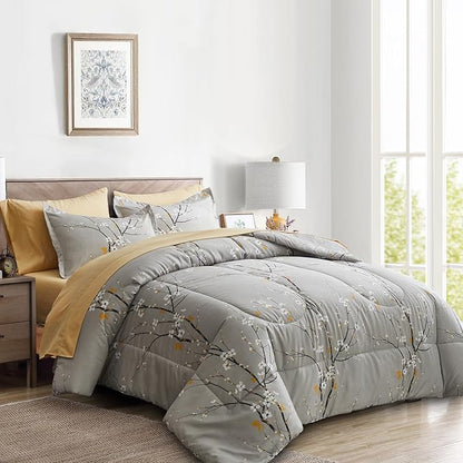 Gray Comforter Sheet Set Bed in a Bag 7 Pieces King Size Tree Branch Bloom Flower Spring Summer Bedding Set (1 Comforter 2 Pillow Shams 1 Tan Flat Sheet 1 Fitted Sheet 2 Pillowcases)