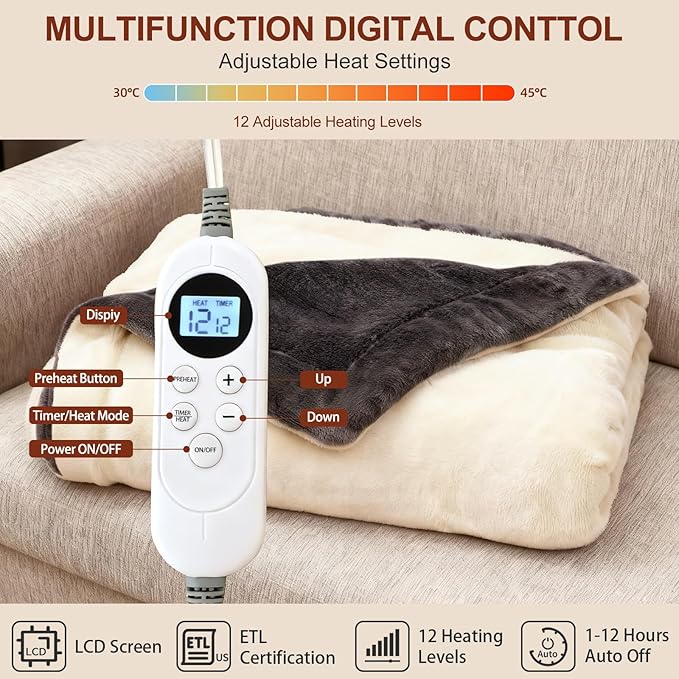 Electric Heated Blanket Throw 50" x 60" Soft Dual-Sided Flannel Fast Heating 12 Heat Levels 1–12H Timer & Overheat Protection & Auto Shut-Off & Machine Washable (Milky White & Gray)