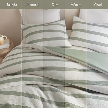 Madison Park Essentials Striped Comforter Set Queen Size, Yarn-Dyed Reversible Comforter with Minimalist Stripes, Crinkled Texture Bedding Set for All-Season Lightweight Warmth, Merritt Sage Green