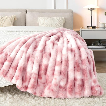 Touchat Luxury Faux Rabbit Fur Throw Blanket for Couch, Super Heavy Warm Cozy Blanket for Sofa Bedroom Living Room, Ultra Soft Fluffy Reversible Plush Blanket for Home Decor Gifts, Tie-dye Pink