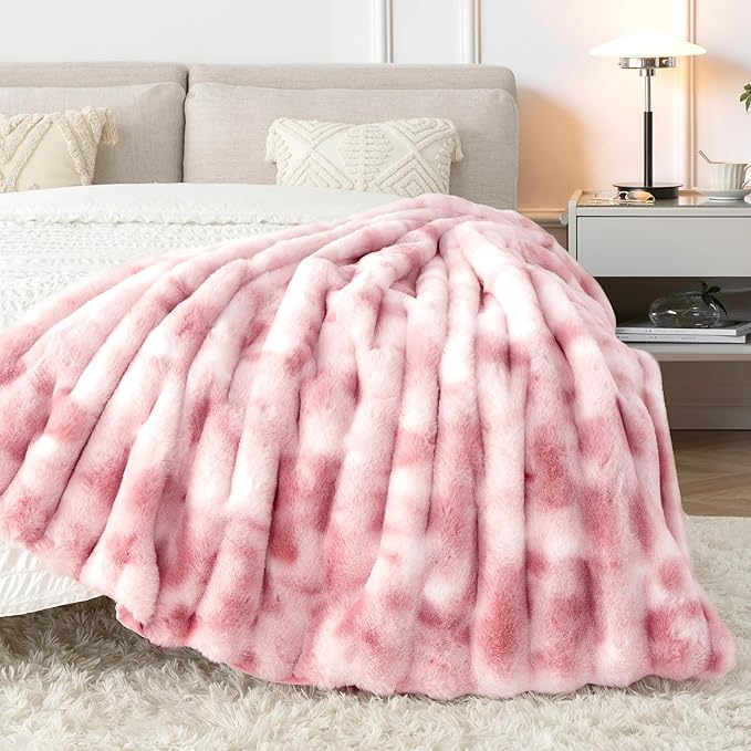 Touchat Luxury Faux Rabbit Fur Twin Blanket for Couch, Super Heavy Warm Cozy Throw for Sofa Bedroom Living Room, Ultra Soft Fluffy Reversible Plush Blankets for Home Decor Gifts, Tie-dye Pink