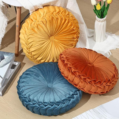 1 Pcs Round Throw Pillows Decorative Velvet Pleated Throw Pillows 15'' Diameter Accent Pumpkin Boho Chair Cushion for Couch Sofa Chair Bed Home Decoration (Burnt Orange)