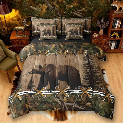 Rustic Bed in a Bag Queen Comforter Set 7-Piece | Grizzly Bear Bedding Sets Mens Hunting Comforter and Sheet Set, Woodland Animals Farmhouse Room Decor,Cabin Comforter Set Camo Country Decor