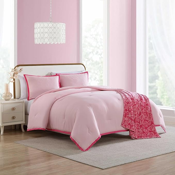 Betsey Johnson - Twin Comforter Set, Bedding Set with Matching Sham & Bonus Soft Throw, Dorm Essentials (Signature Hotel Solid Pink)
