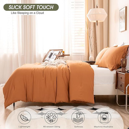 Burnt Orange Full Size Comforter Set, 3 Pieces Solid Terracotta Rust Breathable Fluffy Ultra Soft Polycotton Quilted Bedding Down Blanket Comforter for All Season (1 Conforter 2 Pillow Case)