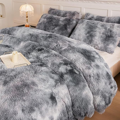 chovy Faux Fur Plush Tie-Dyed Black White Gray Colorful Comforter Sets Twin/Full Size - Ultra Soft Shaggy Flannel Velvet Fluffy Fuzzy 3PC Bedding Set (Comforter x 1 Pillowcases x 2)