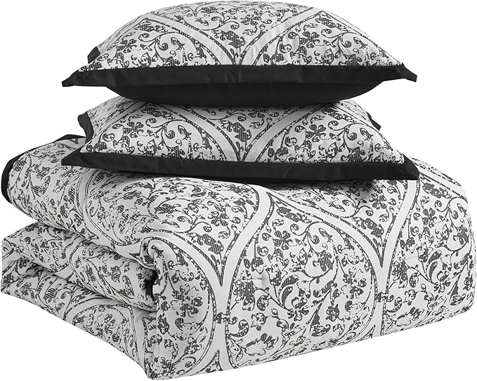 King Size Comforter Set - Soft & Breathable 7-Piece Bedding Collection - 1 Comforter, 2 Pillow Shams, 1 Bed Skirt & 3 Decorative Accent Pillows - Premium Quality, King, Black/White Damask