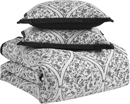King Size Comforter Set - Soft & Breathable 7-Piece Bedding Collection - 1 Comforter, 2 Pillow Shams, 1 Bed Skirt & 3 Decorative Accent Pillows - Premium Quality, King, Black/White Damask