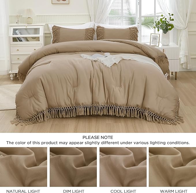 Andency Taupe Comforter Set Queen, 3 Pieces Boho Tassel Lightweight Soft Bedding Comforter Sets, All Season Fluffy Fringe Bed Set (90x90In Comforter & 2 Pillowcases)