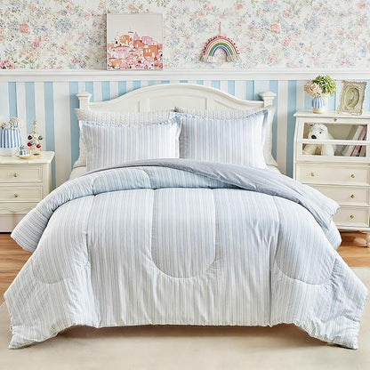 Joyreap 3pcs Cotton Comforter Set King, Light Blue Stripes Stylish Design, Soft Cozy Lightweight Bedding Comforter Set for All Seasons- 100x88 inches