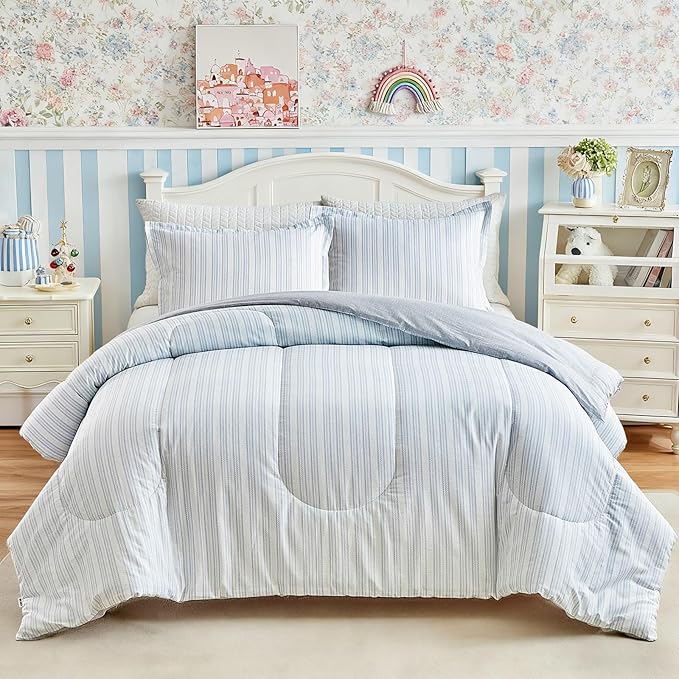 Joyreap 3pcs Cotton Comforter Set Twin, Light Blue Stripes Stylish Design, Soft Cozy Lightweight Bedding Comforter Set for All Seasons- 68x88 inches