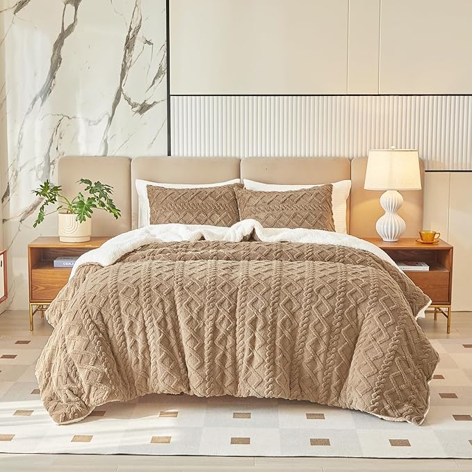 Joyreap 3-Piece Fluffy Faux Fur Sherpa Comforter Set Coffee, Queen Size Luxury Tufted Bedding Comforter Set, All Season Soft n Cozy Plush Comforter Bed Set- 88x88 inches