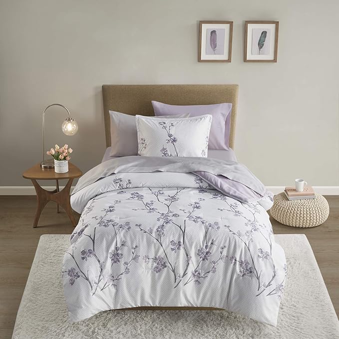 Comfort Spaces Bed in A Bag - Trendy Casual Design Cozy Comforter with Complete Sheet Set with Side Pocket, All Season Cover, Matching Shams Twin(66"x90"), Kate, Grey/Purple 6 Piece