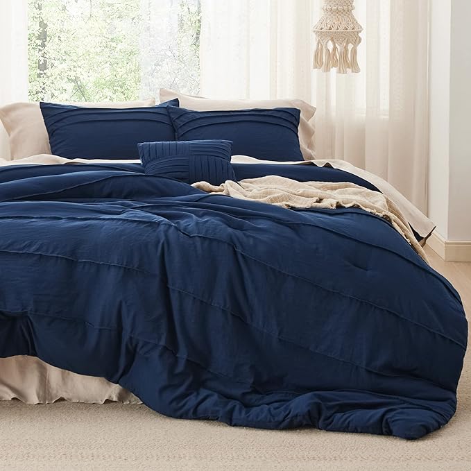 Bedsure Navy Blue Oversized King Size Comforter Set - 4 Pieces Pinch Pleat Bed Set, Down Alternative Bedding Sets for All Season, 1 Comforter, 2 Pillowcases, 1 Decorative Pillow