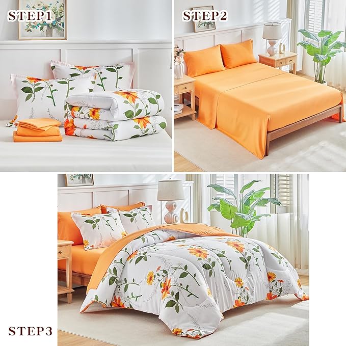Joyreap 7 Piece Bed in a Bag Queen, Floral Comforter Sheet Set, Orange n Yellow Flowers on White Design, All Season Microfiber Bedding Comforter Set