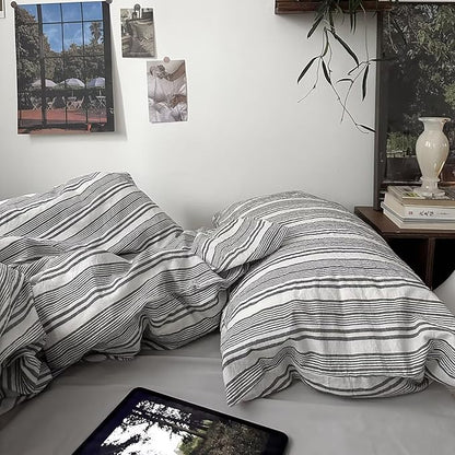 mixinni Vintage Grey & White Striped Comforter Set Queen Size - Soft Washed Cotton 3-Piece Neutral Bedding Set, Retro Geometric Pattern, All-Season Breathable & Fluffy for Men, Boys