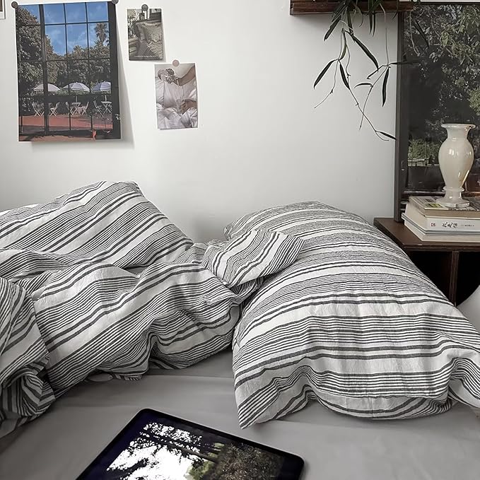 mixinni Vintage Grey & White Striped Comforter Set Twin XL Size - Soft Washed Cotton 3-Piece Neutral Bedding Set, Retro Geometric Pattern, All-Season Breathable & Fluffy for Men, Boys