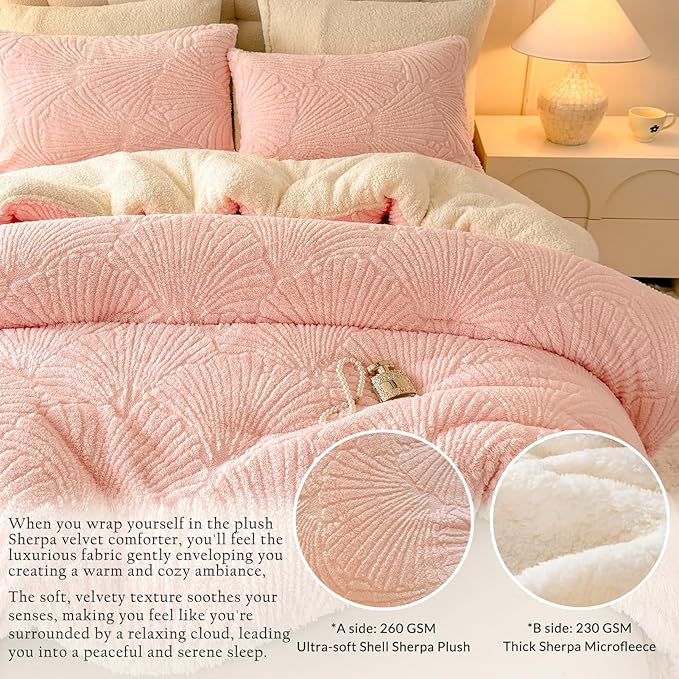 Seashell Jacquard Sherpa Comforter Set Warm Cozy Premium Bedding 2 Pieces, Twin Size Geometric Pattern Quilt Comforter with 1 Pillowcases(68"X90" Light Pink)