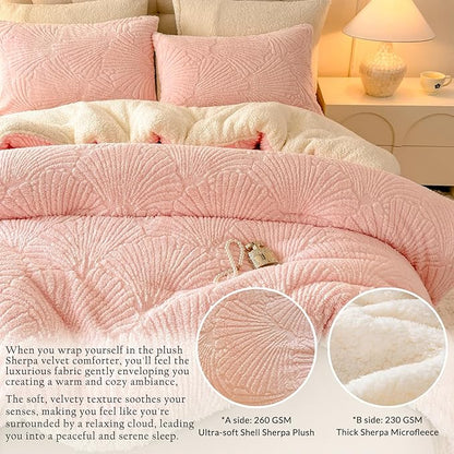 Seashell Jacquard Sherpa Comforter Set Warm Cozy Premium Bedding 2 Pieces, Twin Size Geometric Pattern Quilt Comforter with 1 Pillowcases(68"X90" Light Pink)