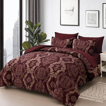 WONGS BEDDING Burgundy Comforter Set Full Size, Maroon Damask Texture 7 Pieces Bed in a Bag Microfiber Comforter Bedding Sets -1 Comforter, 1 Flat Sheet, 1 Fitted Sheet, 2 Pillow Shams,2 Pillowcases