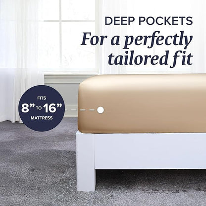 Beckham Hotel Collection Full Sheet Set 100% Cotton, 500TC Luxury Sateen Bedding, 16” Deep Pocket, Moisture-Wicking, 4-Piece, Sand
