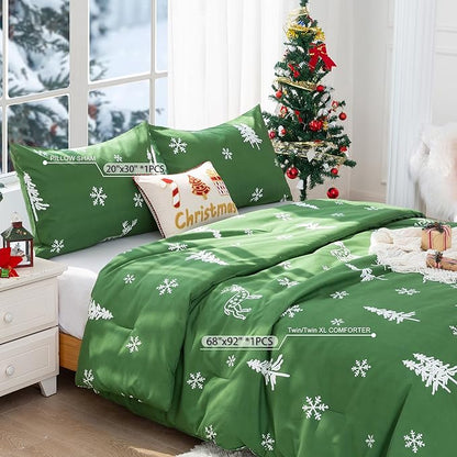 COTTEBED Christmas Tree Comforter Sets Twin/Twin XL Size, Soft Polycotton Reindeer Elks Bedding Down Alternative Comforters for Kids Children Boys Girls Teen College Dorm Signal Bed