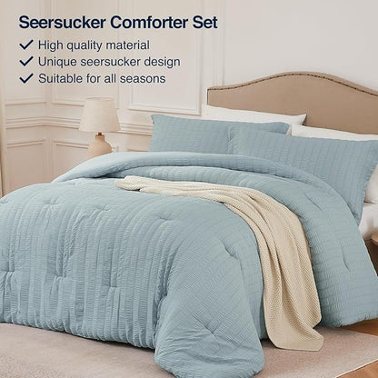 California King Comforter Set Mist Blue,3PCS Seersucker Lightweight Bedding Comforter for All Season, Calking Size(104''×96'' Comforter & 2 Pillowcases)