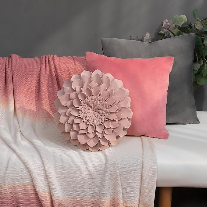 JWH Handmade 3D Flower Throw Pillow Covers Aesthetic Decorative Round Dahlia Accent Pillow Cases Soft Velvet Pillowcase Stereo Cushion for Bed Couch Bedroom Decor Sham 14 Inch Dusty Pink