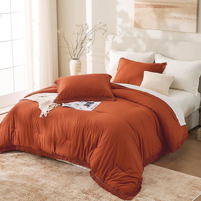 Andency Queen Comforter Set Burnt Orange, 3 Pieces Boho Terracotta Fall Tassel Lightweight Bedding Comforter Sets, All Season Rust Soft Bed Set (90x90In Comforter & 2 Pillowcases)