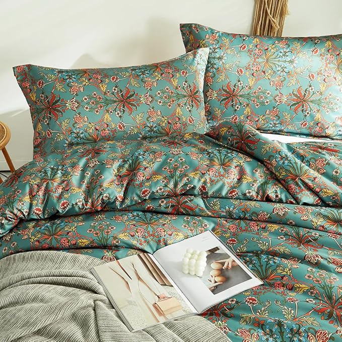 mixinni Flower Leaves Printed Full Comforter Set Blue Boho Floral Bedding Comforter Sets, 1 Multi Colored Comforter and 2 Pillowcases-Full Size
