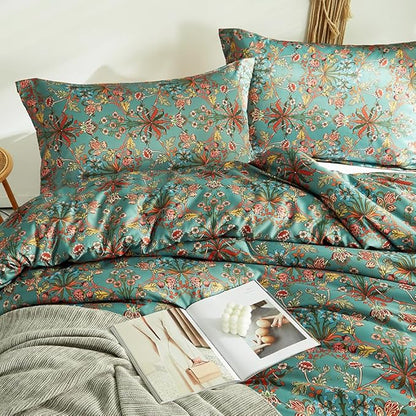 mixinni Flower Leaves Printed Full Comforter Set Blue Boho Floral Bedding Comforter Sets, 1 Multi Colored Comforter and 2 Pillowcases-Full Size