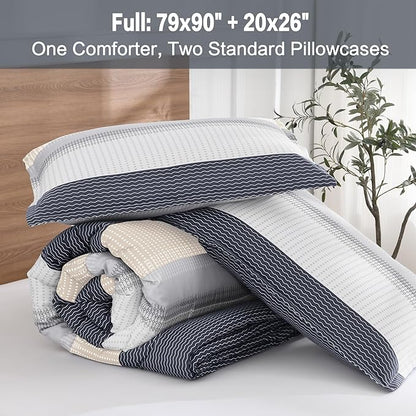 Litanika Comforter Set Full Size Blue Yellow - 3 Pieces Lightweight Blue Yellow White Colorblock Stripe Fluffy Bedding Comforter Sets, All Season Bed Set