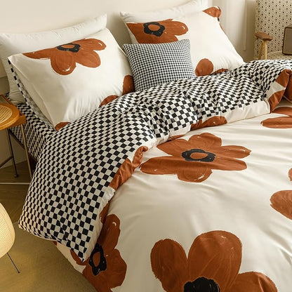 CLOTHKNOW Brown Floral Queen Comforter Set 3Pcs Sunflower Bedding Comforter Sets Black White Plaid Comforter Botanical Comforters with 2 x Pillow Cases