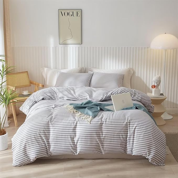 mixinni Striped Comforter Set Full Size - Grey White Stripes Pattern Bedding Set for Women and Men, 3 Pieces Lightweight Bed Sets for All Seasons (1 Soft Fluffy Comforter + 2 Pillowcases)