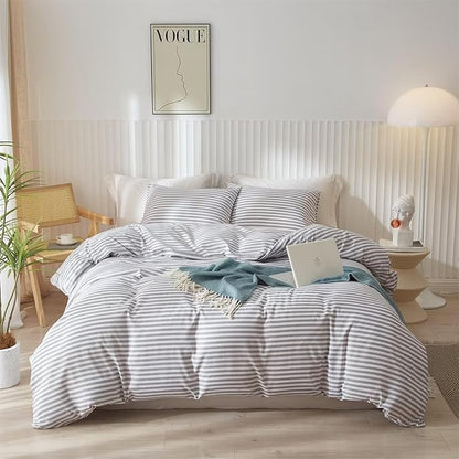 mixinni Striped Comforter Set Full Size - Grey White Stripes Pattern Bedding Set for Women and Men, 3 Pieces Lightweight Bed Sets for All Seasons (1 Soft Fluffy Comforter + 2 Pillowcases)