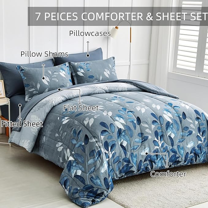 Anibedding Blue Comforter Set Queen Size 7 Piece Navy Botanical Gradient Leaves Ultra Soft Microfiber Down Alternative Bedding Set Lightweight Reversible Bed Comforter Set for All Season 90" x 90"